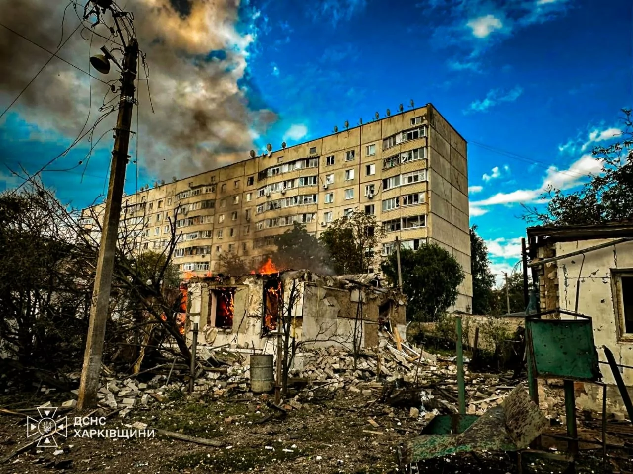 Damaged apartment building in Balakliia