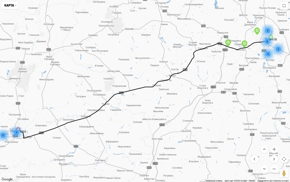 Онлайн-карта мережі ОККО: станом на момент перевірки на маршруті Харків — Полтава (траса М03) позначені діючі АЗС.
