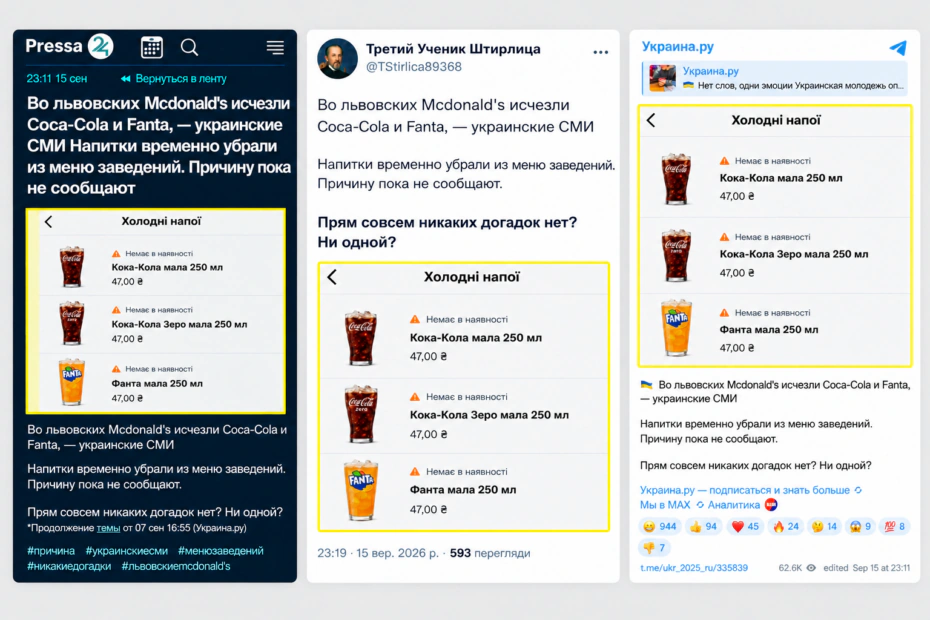 зображення до посту: Маніпуляція. У ресторанах МакДональдз у Львові зникли з меню кока-кола та фанта, а причину «не пояснюють»