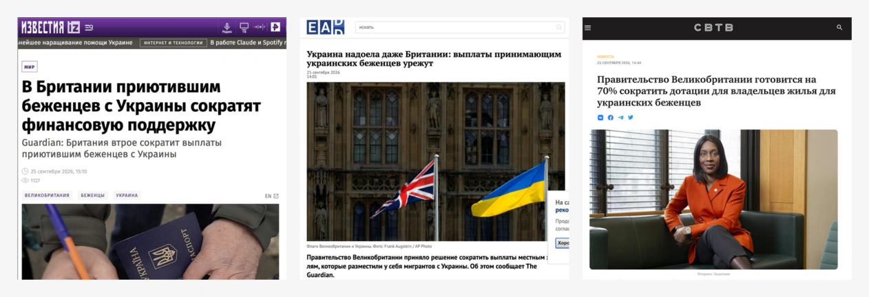 Публікації російських медіа про скорочення фінансової підтримки українських біженців у Великій Британії