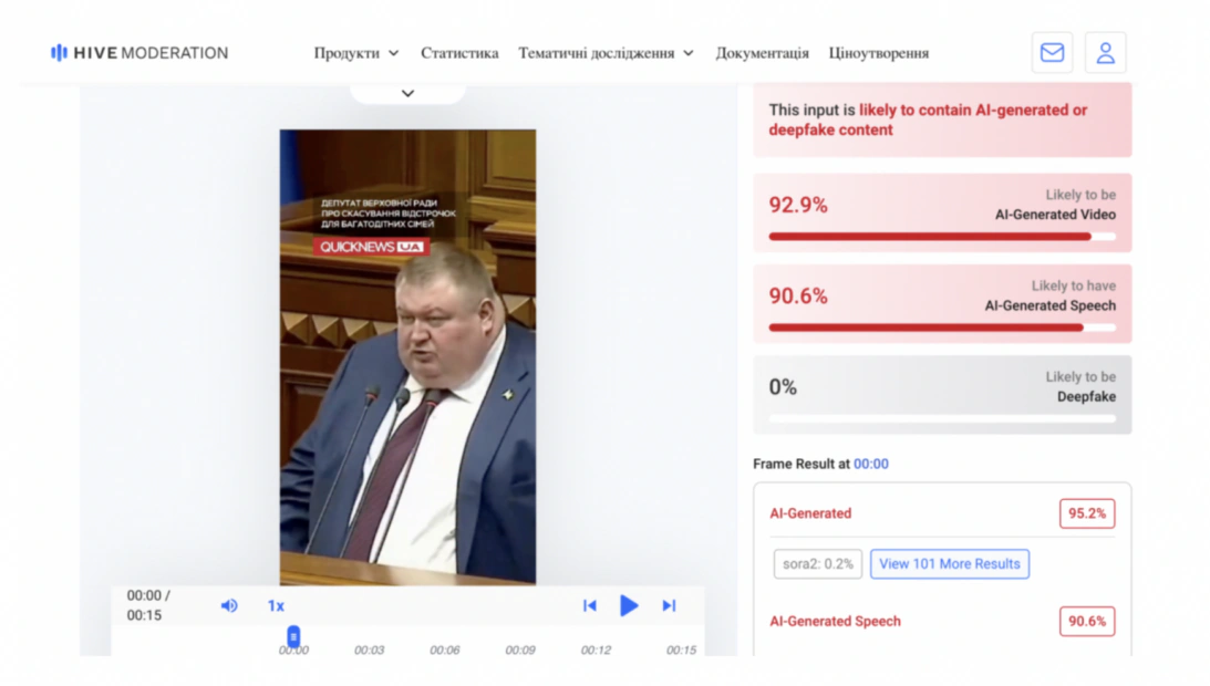 Результати перевірки ролика за допомогою сервісу Hive Moderation.