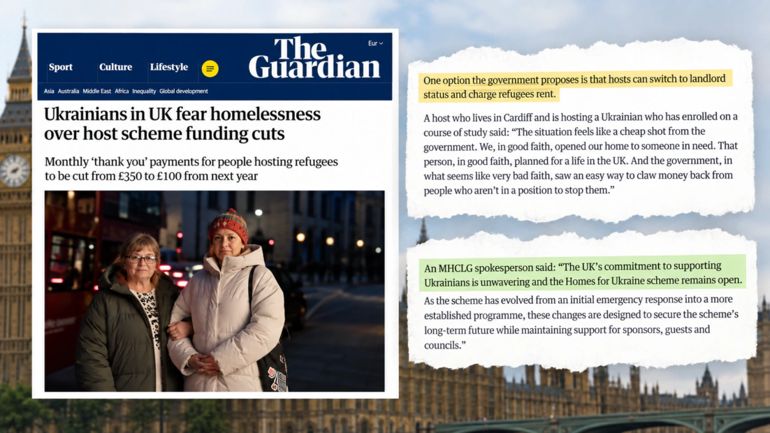 Матеріал The Guardian про майбутнє скорочення виплат за програмою Homes for Ukraine та позиція британського уряду щодо змін