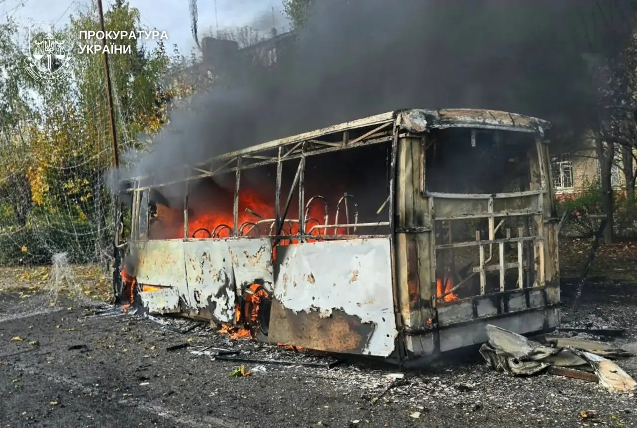 Bus on fire after Russian attack