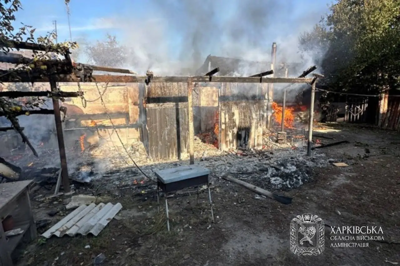 A house burning in the aftermath of Russian airstrike on Hotimlia village / Photo: Kharkiv regional military administration