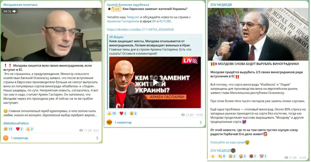 Скриншоти новини з телеграм-каналів про те, що Молдова мусить знищити 2/3 своїх виноградників щоб приєднатись до ЄС