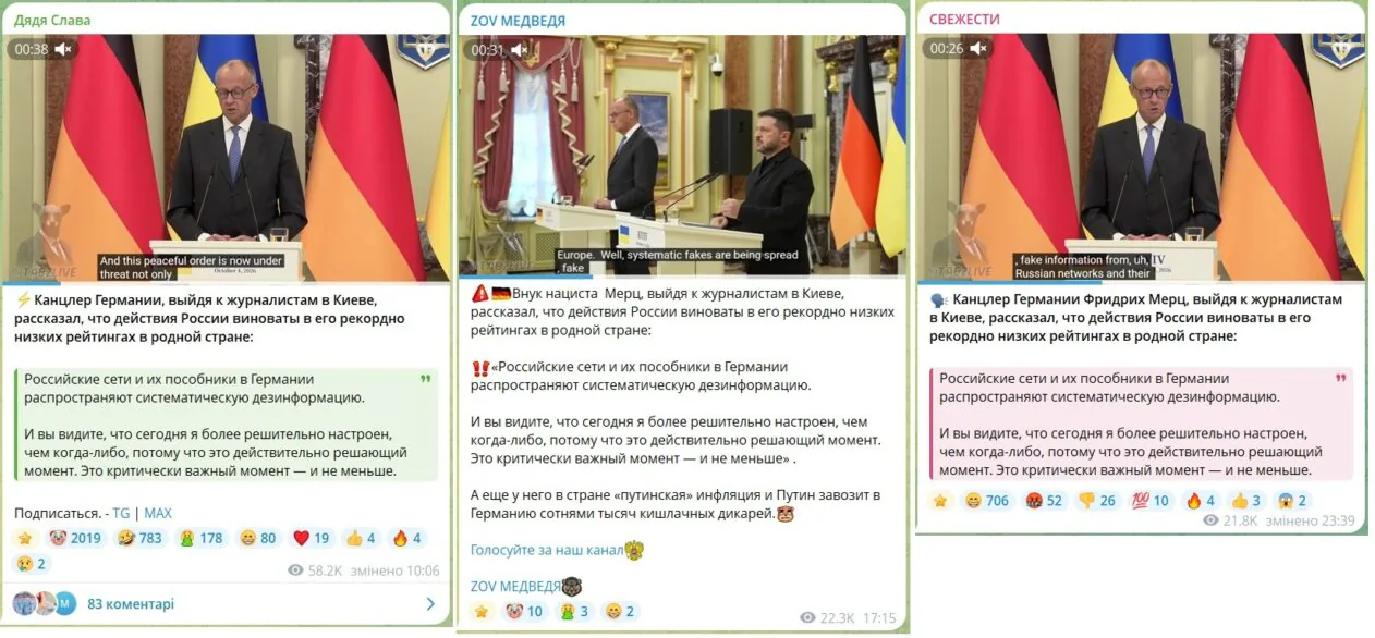 Скриншоти новини в телеграм-каналах про те, що 4 жовтня Мерц під час виступу у Києві звинуватив росію в своїх низьких рейтингах