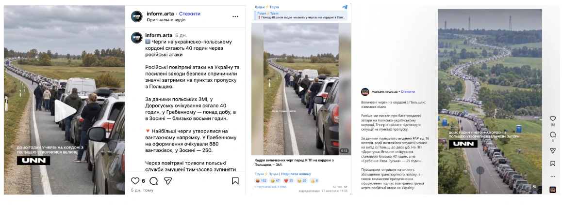 Скриншоти дописів із відео, яке поширювали із твердженням про нібито 40-годинні черги на українсько-польському кордоні через російські атаки на енергетику.