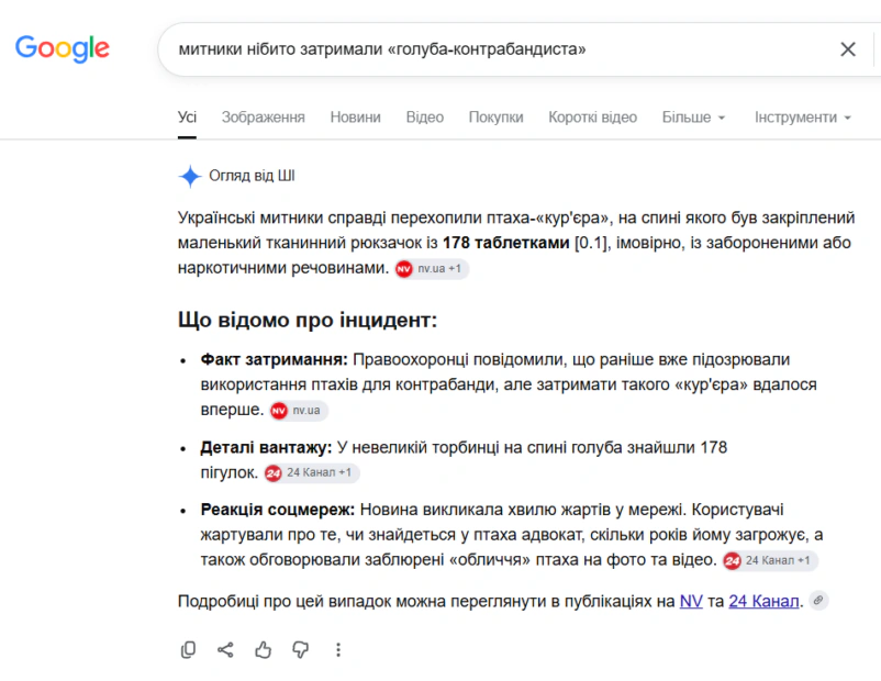 Результати первинного пошуку за ключовими словами про «голуба-контрабандиста» у Google