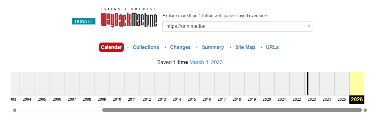 Результат перевірки домену unn.media через сервіс Wayback Machine